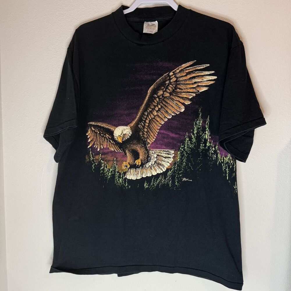 Rare Vintage 90s Hazelwood Eagle Mens XL Black Shirt Short Sleeve Single Stitch - Picture 9 of 9
